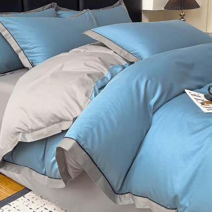 91家纺网 家纺一手货源 找家纺 （总）小懒猪 2024新款全棉斜纹精梳棉双拼色拼角包边款四件套-风格一