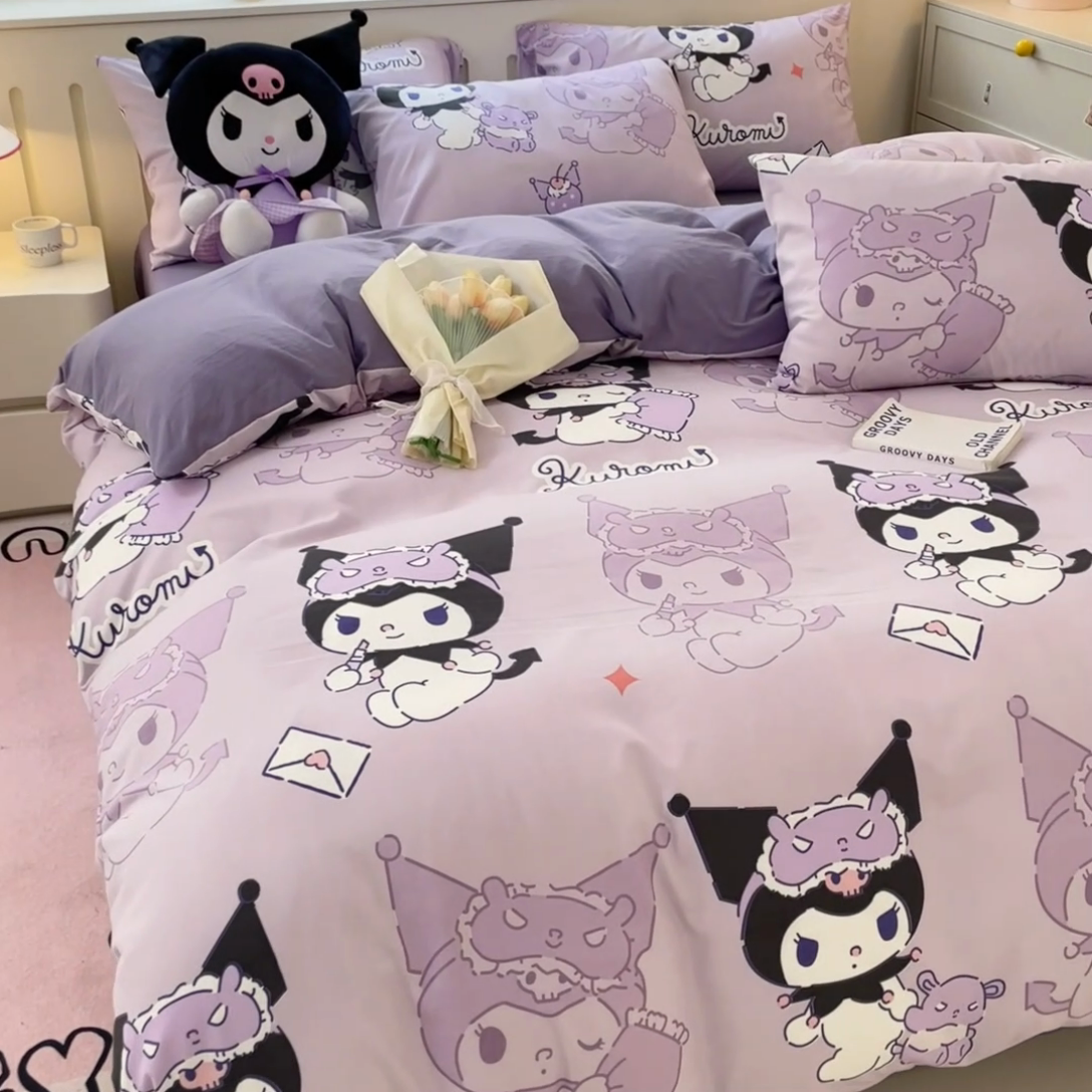 91家纺网 家纺一手货源 找家纺 海岛哥哥 2025新款A类云朵水洗棉三丽鸥正版授权四件套-大床图 三丽鸥-紫色库洛米