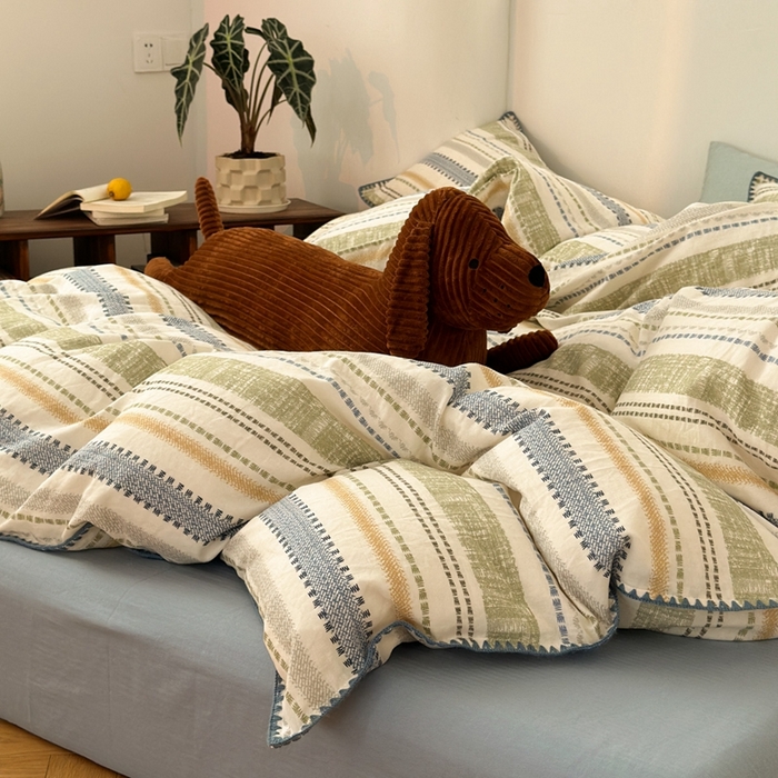 91家纺网 家纺一手货源 找家纺 洋铭区（原狠狠爱） 2024新款全棉双层纱四件套 时光蓝条