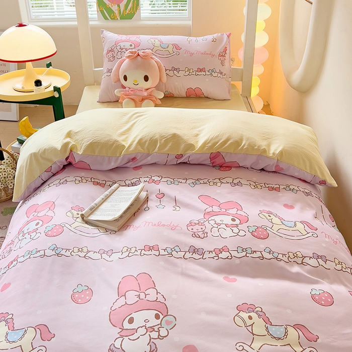 91家纺网 家纺一手货源 找家纺 海岛哥哥 2025新款A类云朵水洗棉三丽鸥正版授权四件套-学生床 三丽鸥-蝴蝶结美乐蒂