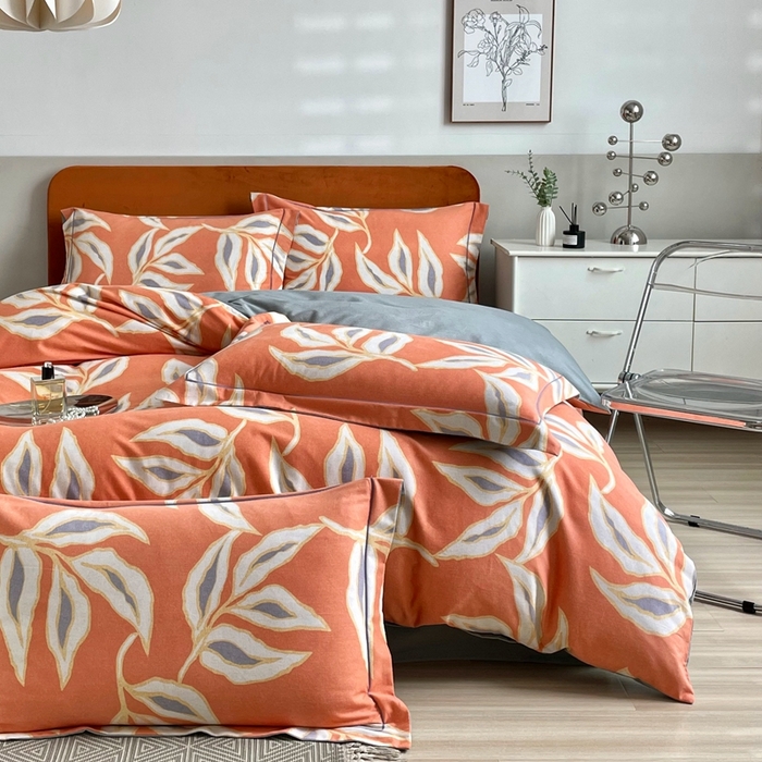 91家纺网 家纺一手货源 找家纺 2025新款全棉精梳磨毛印花四件套 墨叶香桔