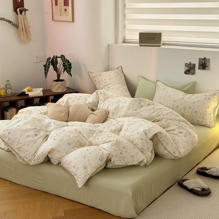 91家纺网 家纺一手货源 找家纺 洋铭区（原狠狠爱） 2024新款全棉双层纱四件套 田园花语