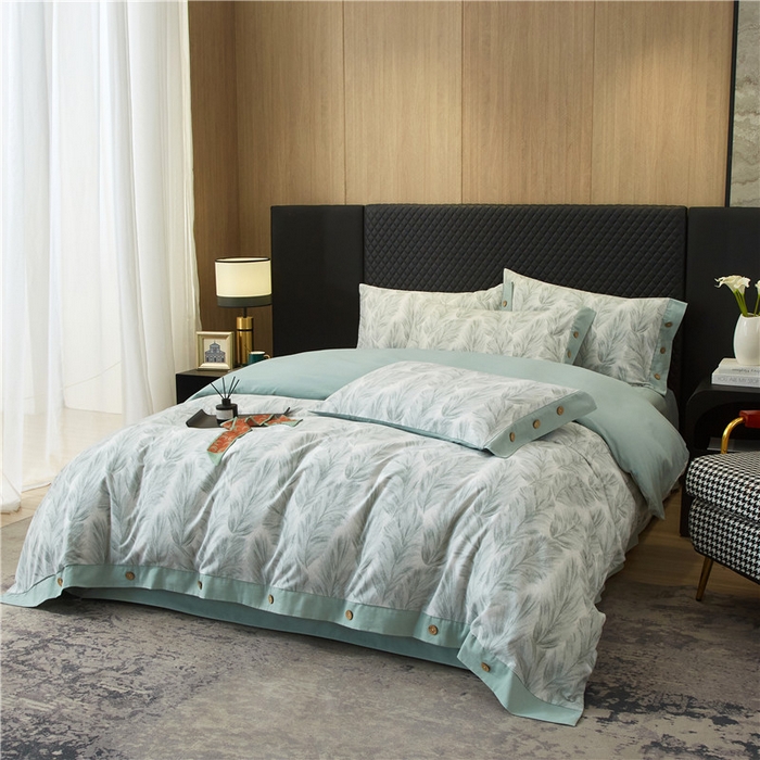 91家纺网 家纺一手货源 找家纺 沐白家居 2025新款全棉生态磨毛印花四件套-纽扣工艺款 羽裳-绿