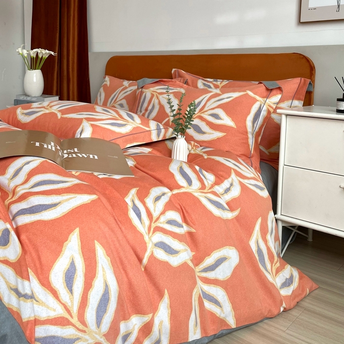 91家纺网 家纺一手货源 找家纺 2025新款全棉精梳磨毛印花四件套 墨叶香桔