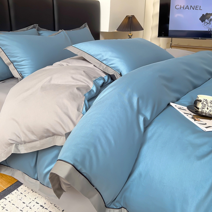 91家纺网 家纺一手货源 找家纺 小懒猪 2024新款全棉斜纹精梳棉双拼色拼角包边款四件套-风格一 拼角-莱茵兰-椰子灰