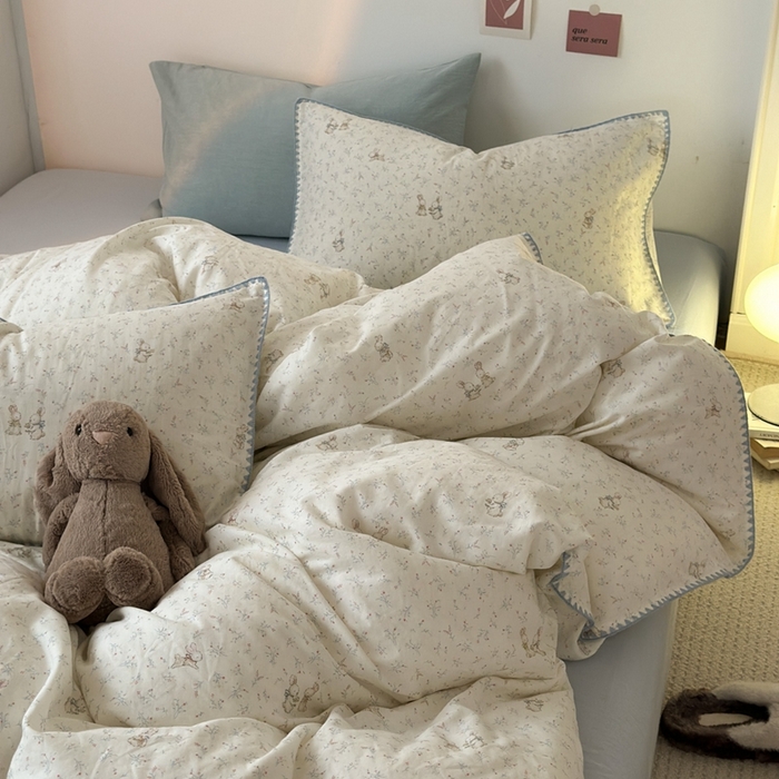 91家纺网 家纺一手货源 找家纺 洋铭区（原狠狠爱） 2024新款全棉双层纱四件套 小花兔