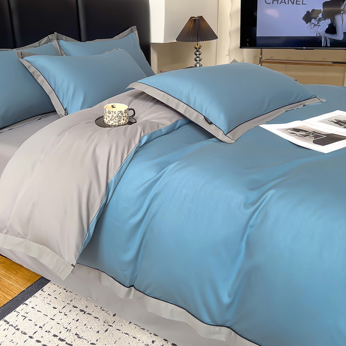 91家纺网 家纺一手货源 找家纺 小懒猪 2024新款全棉斜纹精梳棉双拼色拼角包边款四件套-风格一 拼角-莱茵兰-椰子灰