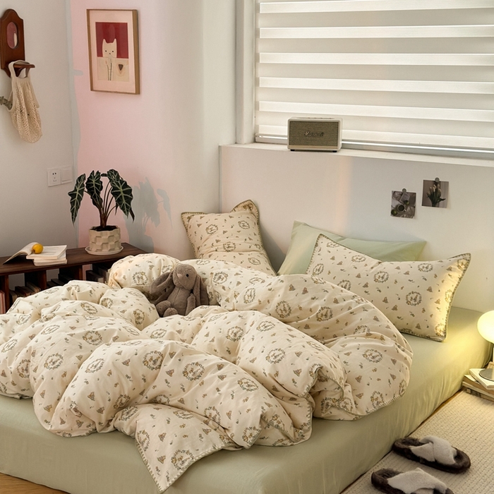 91家纺网 家纺一手货源 找家纺 洋铭区（原狠狠爱） 2024新款全棉双层纱四件套 多多兔