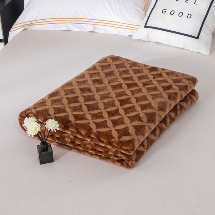 91家纺网 家纺一手货源 找家纺 2025新款铜钱纹大有光提花毛毯保暖盖毯宽包边 咖啡