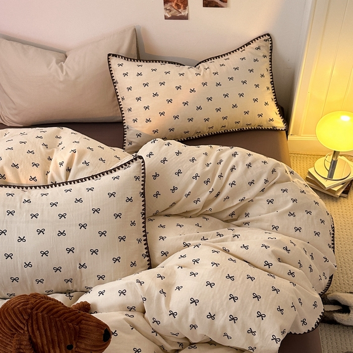 91家纺网 家纺一手货源 找家纺 洋铭区（原狠狠爱） 2024新款全棉双层纱四件套 黑色蝴蝶结