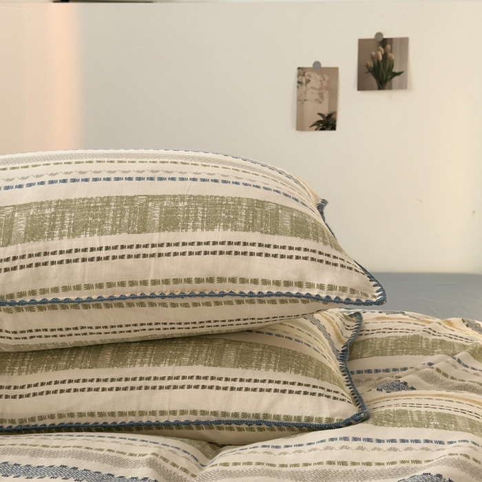 91家纺网 家纺一手货源 找家纺 洋铭区（原狠狠爱） 2024新款全棉双层纱四件套 时光蓝条