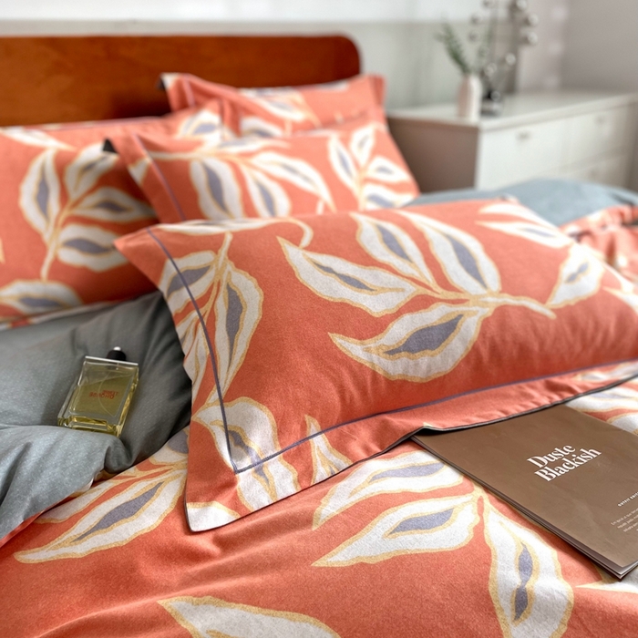 91家纺网 家纺一手货源 找家纺 2025新款全棉精梳磨毛印花四件套 墨叶香桔