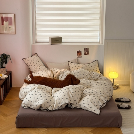 洋铭区（原狠狠爱） 2024新款全棉双层纱四件套 黑色蝴蝶结