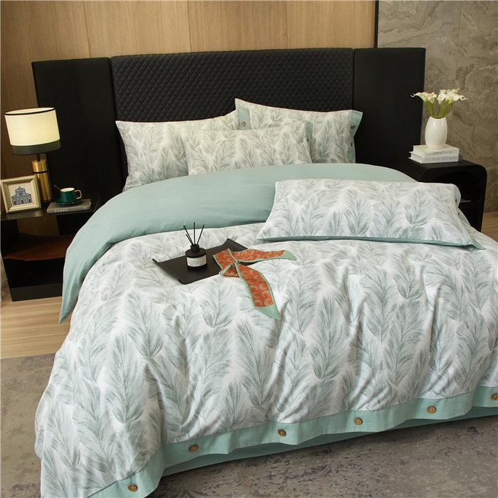 91家纺网 家纺一手货源 找家纺 沐白家居 2025新款全棉生态磨毛印花四件套-纽扣工艺款 羽裳-绿