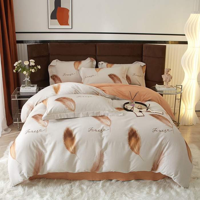 91家纺网 家纺一手货源 找家纺 2025新款全棉精梳磨毛印花四件套 凤羽-灰