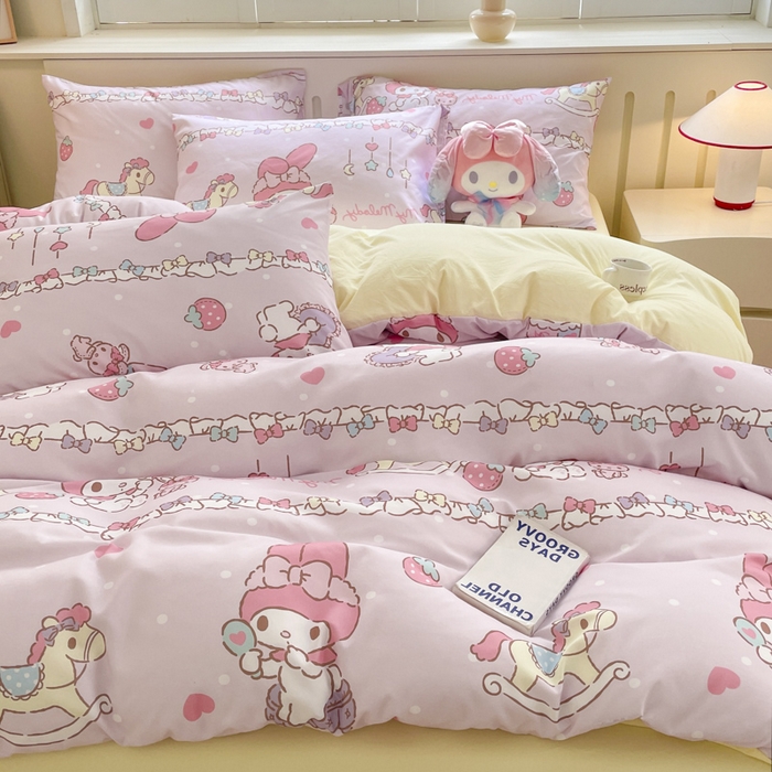 91家纺网 家纺一手货源 找家纺 海岛哥哥 2025新款A类云朵水洗棉三丽鸥正版授权四件套-大床图 三丽鸥-蝴蝶结美乐蒂