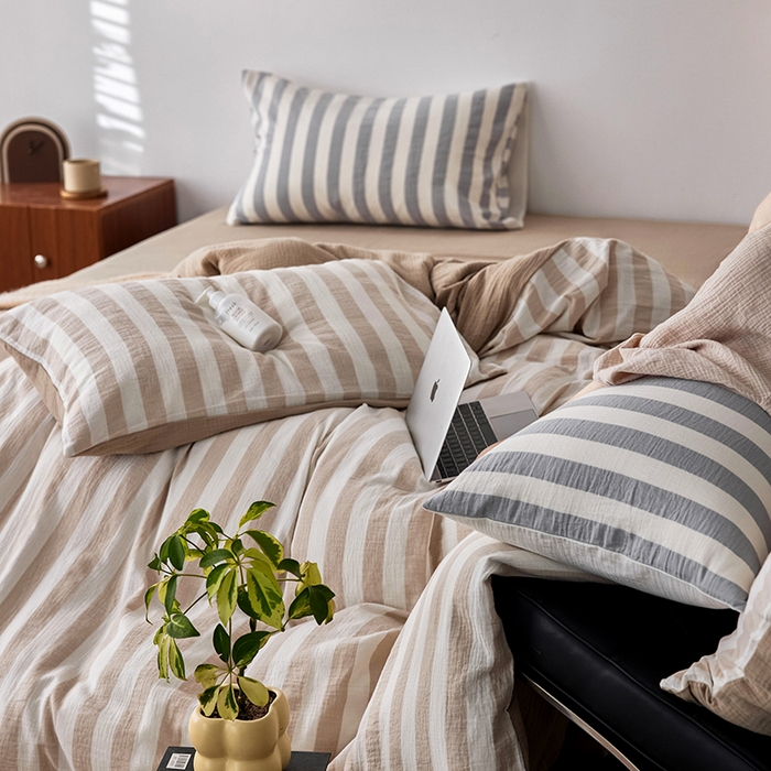 91家纺网 家纺一手货源 找家纺 2025新品尚美色织条纹绉纱系列--尚美宽条系列 尚美-卡其宽条