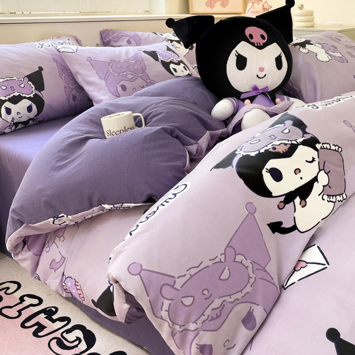 91家纺网 家纺一手货源 找家纺 海岛哥哥 2025新款A类云朵水洗棉三丽鸥正版授权四件套-大床图 三丽鸥-紫色库洛米