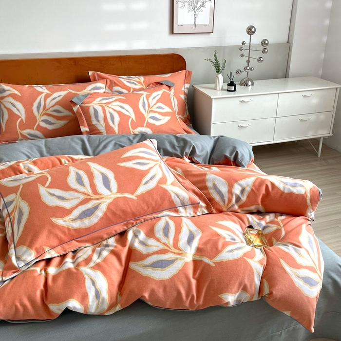 91家纺网 家纺一手货源 找家纺 2025新款全棉精梳磨毛印花四件套 墨叶香桔