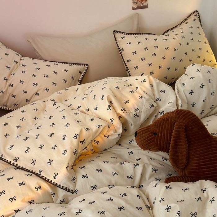 91家纺网 家纺一手货源 找家纺 洋铭区（原狠狠爱） 2024新款全棉双层纱四件套 黑色蝴蝶结