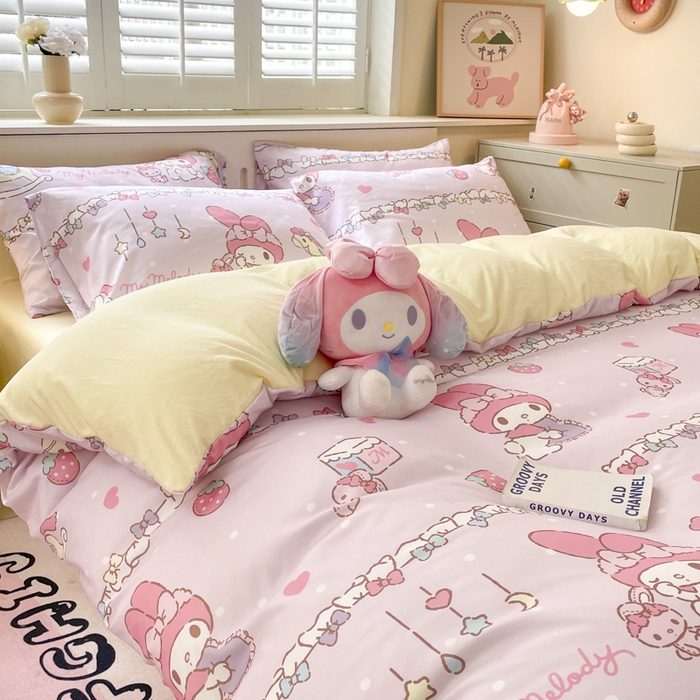 91家纺网 家纺一手货源 找家纺 海岛哥哥 2025新款A类云朵水洗棉三丽鸥正版授权四件套-大床图 三丽鸥-蝴蝶结美乐蒂