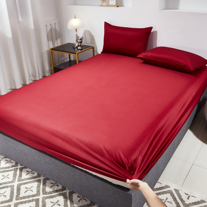 91家纺网 家纺一手货源 找家纺 晶缦家纺 2025新款全棉纯棉60支贡缎长绒棉纯色多规格单品床笠 琳澜-酒红色