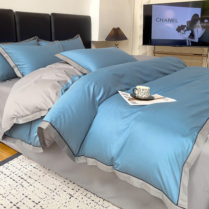 91家纺网 家纺一手货源 找家纺 小懒猪 2024新款全棉斜纹精梳棉双拼色拼角包边款四件套-风格一 拼角-莱茵兰-椰子灰