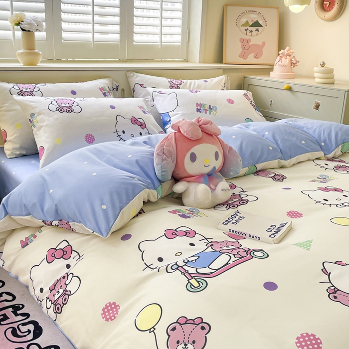 91家纺网 家纺一手货源 找家纺 海岛哥哥 2025新款A类云朵水洗棉三丽鸥正版授权四件套-大床图 三丽鸥-五彩kt猫