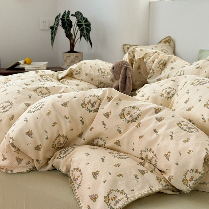 91家纺网 家纺一手货源 找家纺 洋铭区（原狠狠爱） 2024新款全棉双层纱四件套 多多兔