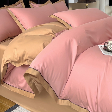 91家纺网 家纺一手货源 找家纺 （总）小懒猪 2024新款全棉斜纹精梳棉双拼色拼角包边款四件套-风格一