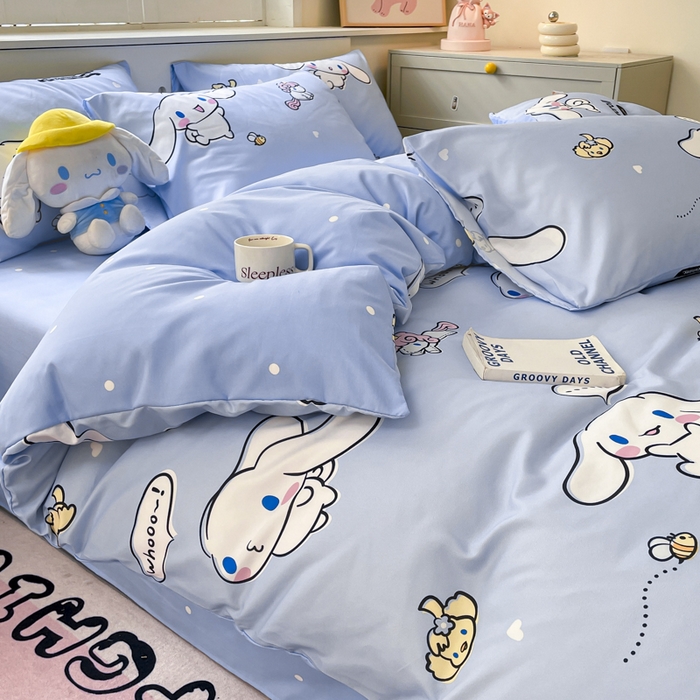 91家纺网 家纺一手货源 找家纺 海岛哥哥 2025新款A类云朵水洗棉三丽鸥正版授权四件套-大床图 三丽鸥-牛奶玉桂狗