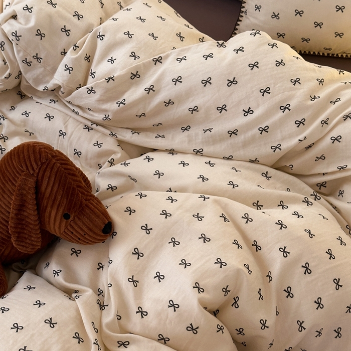 91家纺网 家纺一手货源 找家纺 洋铭区（原狠狠爱） 2024新款全棉双层纱四件套 黑色蝴蝶结