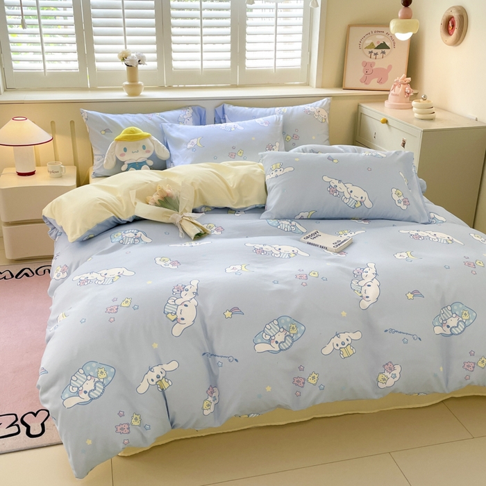91家纺网 家纺一手货源 找家纺 海岛哥哥 2025新款A类云朵水洗棉三丽鸥正版授权四件套-大床图 三丽鸥-云朵玉桂狗