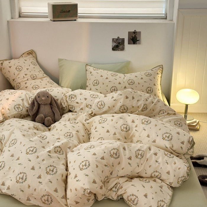 91家纺网 家纺一手货源 找家纺 洋铭区（原狠狠爱） 2024新款全棉双层纱四件套 多多兔