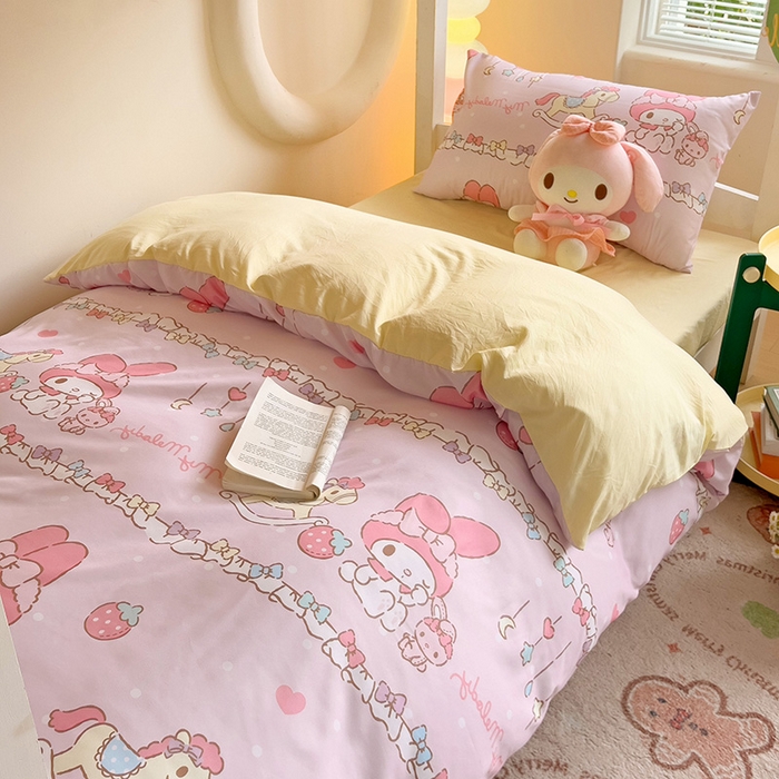 91家纺网 家纺一手货源 找家纺 海岛哥哥 2025新款A类云朵水洗棉三丽鸥正版授权四件套-学生床 三丽鸥-蝴蝶结美乐蒂