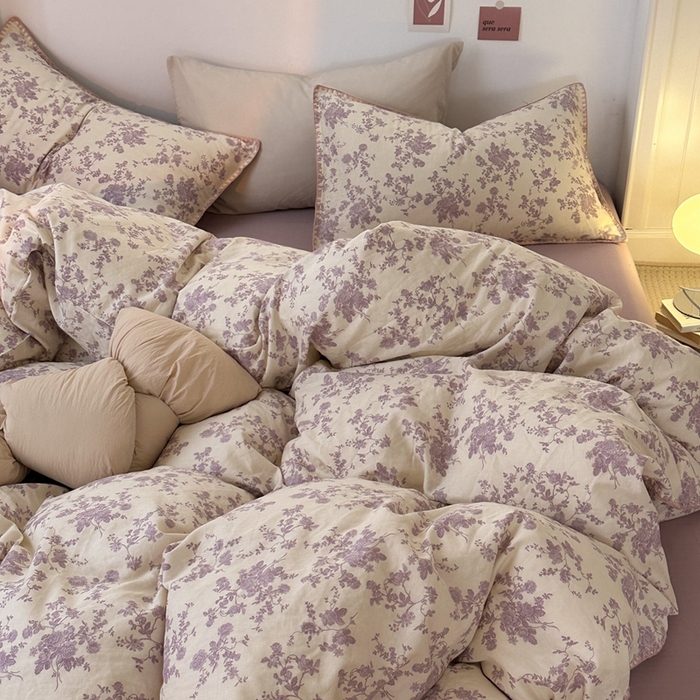 91家纺网 家纺一手货源 找家纺 洋铭区（原狠狠爱） 2024新款全棉双层纱四件套 梦幻紫花