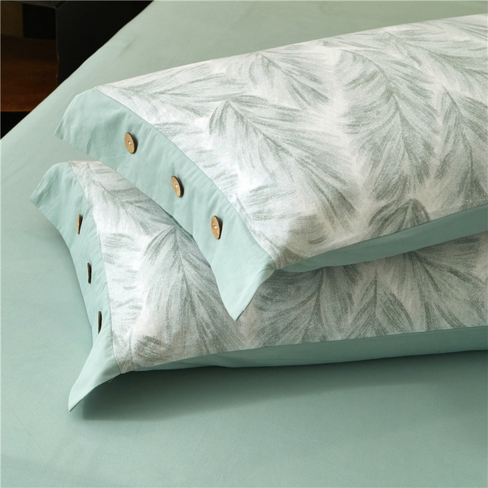 91家纺网 家纺一手货源 找家纺 沐白家居 2025新款全棉生态磨毛印花四件套-纽扣工艺款 羽裳-绿