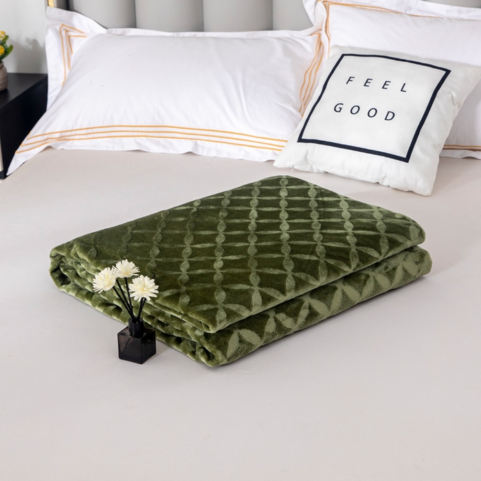 91家纺网 家纺一手货源 找家纺 2025新款铜钱纹大有光提花毛毯保暖盖毯宽包边 军绿