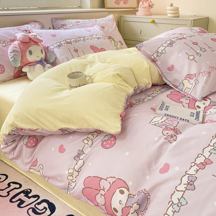 91家纺网 家纺一手货源 找家纺 海岛哥哥 2025新款A类云朵水洗棉三丽鸥正版授权四件套-大床图 三丽鸥-蝴蝶结美乐蒂