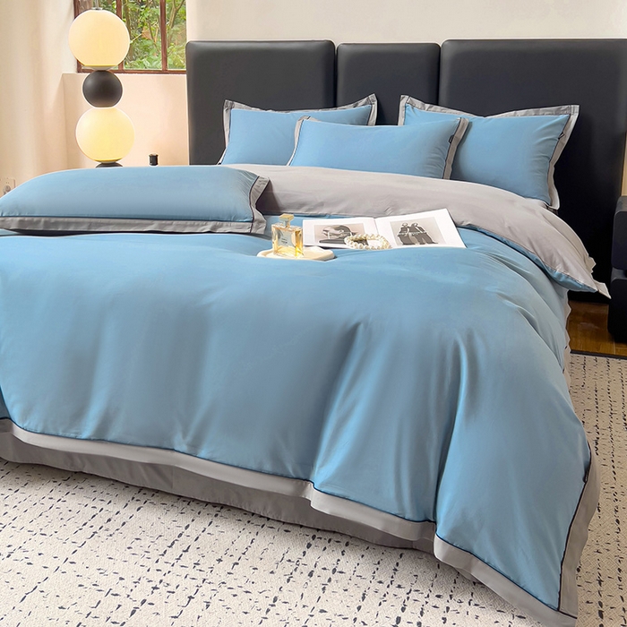 91家纺网 家纺一手货源 找家纺 小懒猪 2024新款全棉斜纹精梳棉双拼色拼角包边款四件套-风格一 拼角-莱茵兰-椰子灰