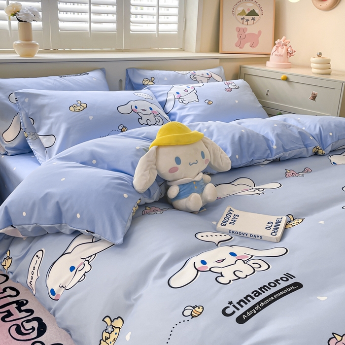 91家纺网 家纺一手货源 找家纺 海岛哥哥 2025新款A类云朵水洗棉三丽鸥正版授权四件套-大床图 三丽鸥-牛奶玉桂狗