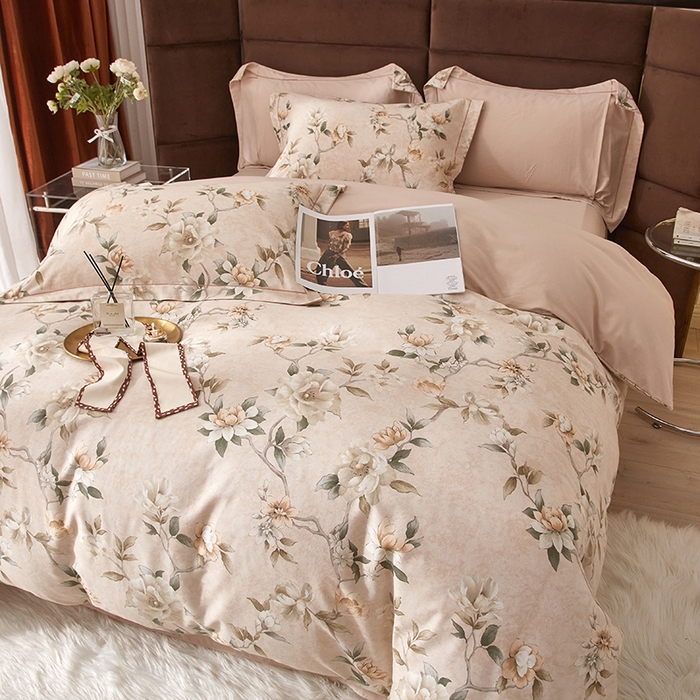 91家纺网 家纺一手货源 找家纺 2025新款全棉精梳磨毛印花四件套 陌上花开粉