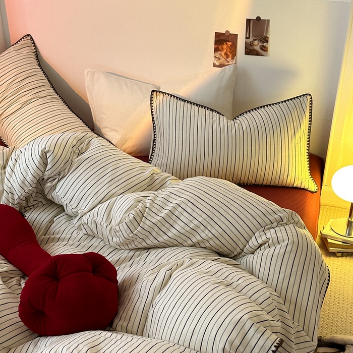 91家纺网 家纺一手货源 找家纺 洋铭区（原狠狠爱） 2024新款全棉双层纱四件套 素雅黑条