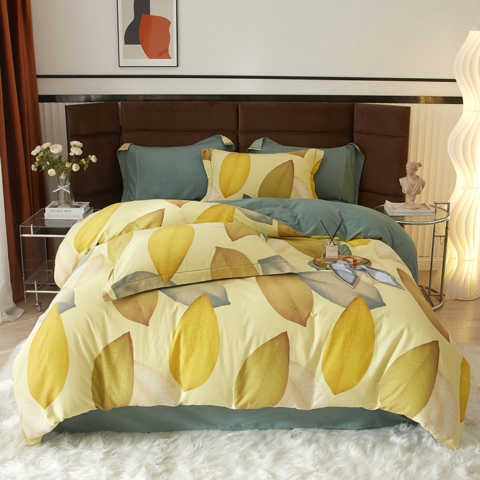 91家纺网 家纺一手货源 找家纺 2025新款全棉精梳磨毛印花四件套 枫叶流丹-黄