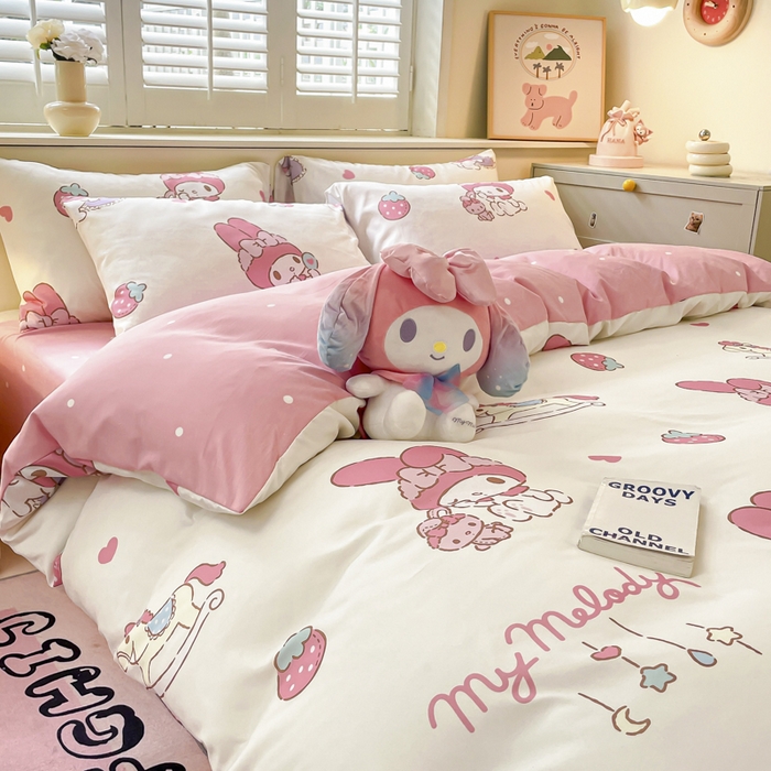 91家纺网 家纺一手货源 找家纺 海岛哥哥 2025新款A类云朵水洗棉三丽鸥正版授权四件套-大床图 三丽鸥-星月美乐蒂