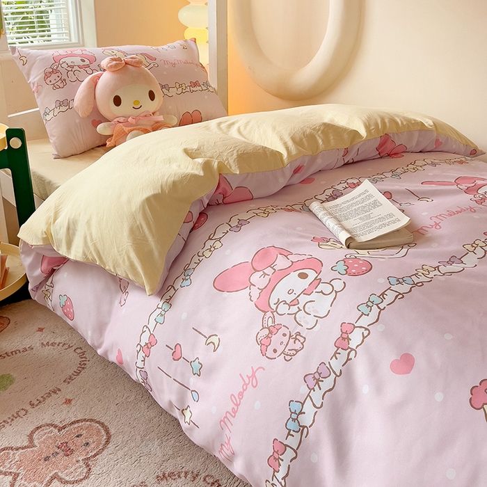 91家纺网 家纺一手货源 找家纺 海岛哥哥 2025新款A类云朵水洗棉三丽鸥正版授权四件套-学生床 三丽鸥-蝴蝶结美乐蒂