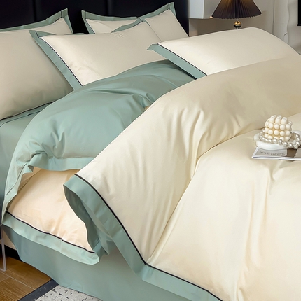 91家纺网 家纺一手货源 找家纺 （总）小懒猪 2024新款全棉斜纹精梳棉双拼色拼角包边款四件套-风格一