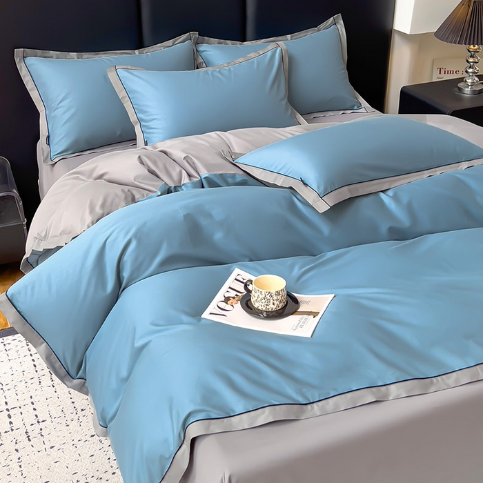 91家纺网 家纺一手货源 找家纺 小懒猪 2024新款全棉斜纹精梳棉双拼色拼角包边款四件套-风格一 拼角-莱茵兰-椰子灰