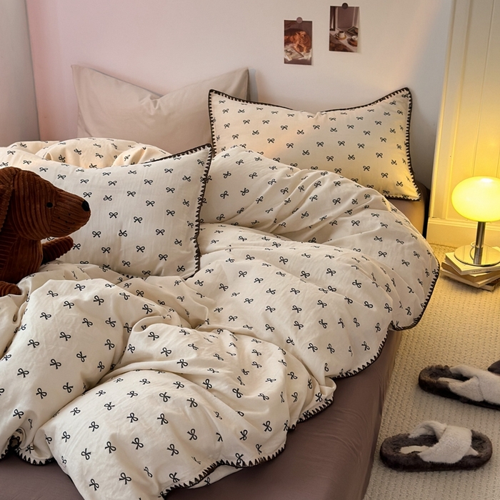 91家纺网 家纺一手货源 找家纺 洋铭区（原狠狠爱） 2024新款全棉双层纱四件套 黑色蝴蝶结