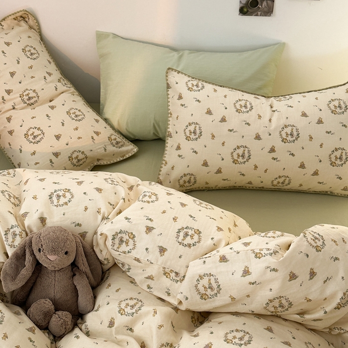 91家纺网 家纺一手货源 找家纺 洋铭区（原狠狠爱） 2024新款全棉双层纱四件套 多多兔